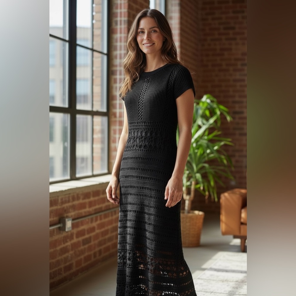 Krochetta by papillon Vintage 90s Black Crocheted Maxi Dress Size M Lined